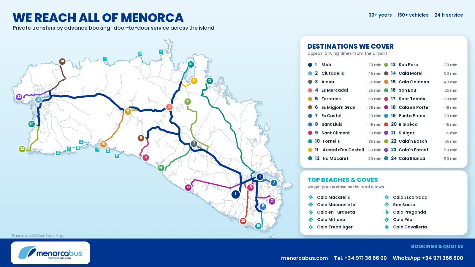 Transfer times from Menorca Airport to towns, resorts and beaches